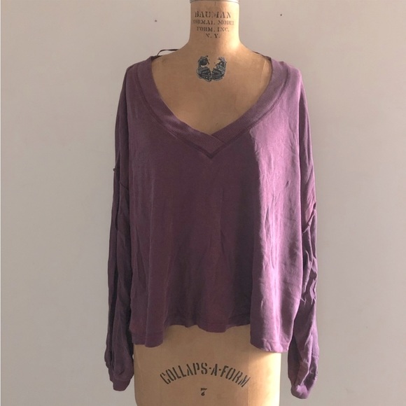 Free People]Cotton Bordeaux Hand dyed Balloon Long sleeve Oversize Crop Top - Picture 9 of 15